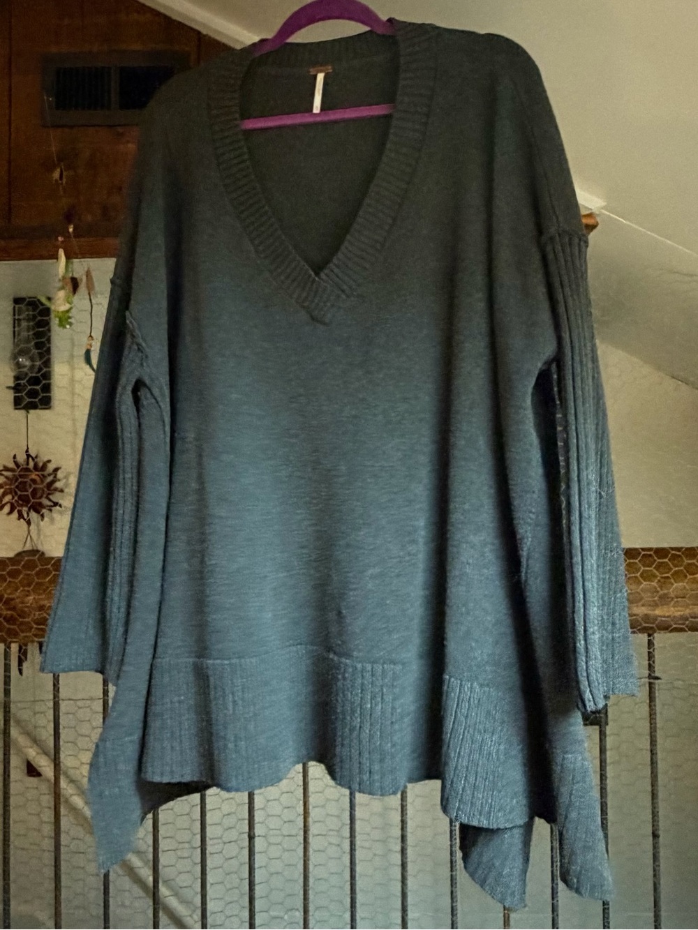 Free People Slate Gray Deep V-Neck Oversized Sweater